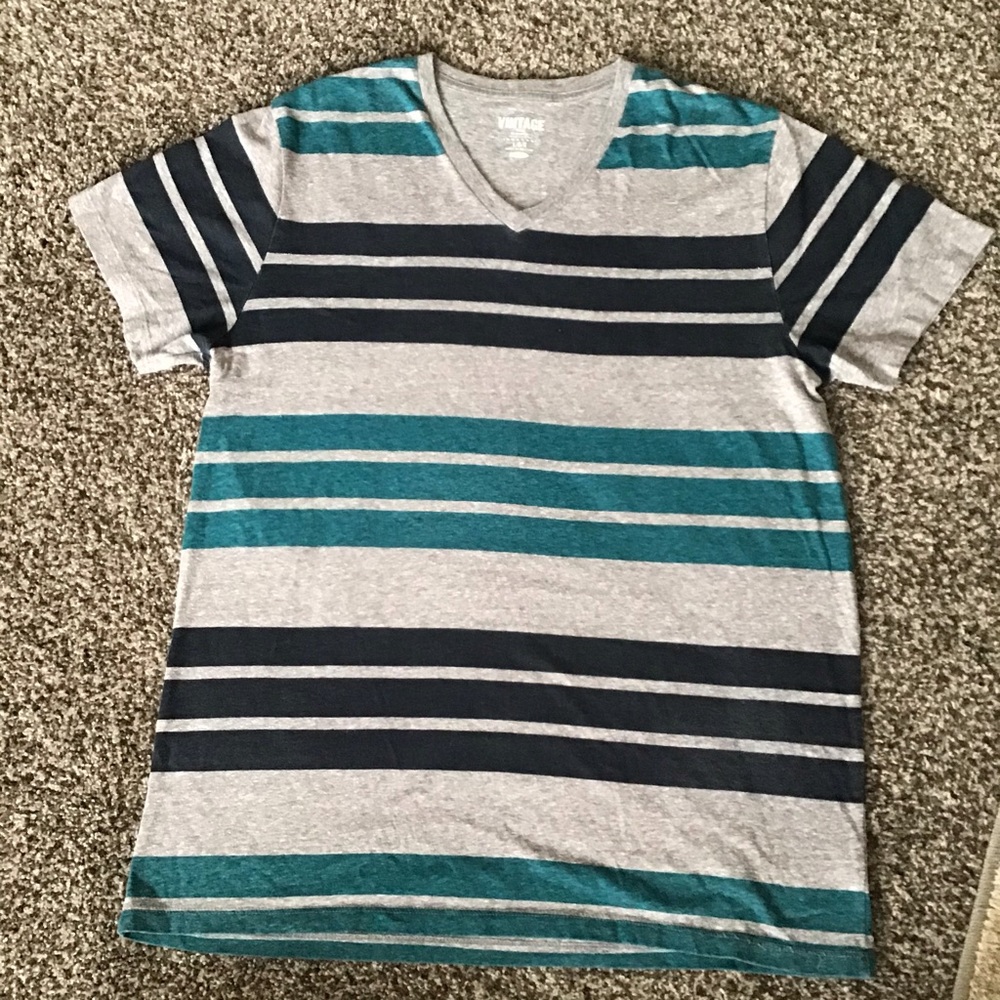 Old Navy Gray V-Neck w/ Navy and Teal Stripes (L)